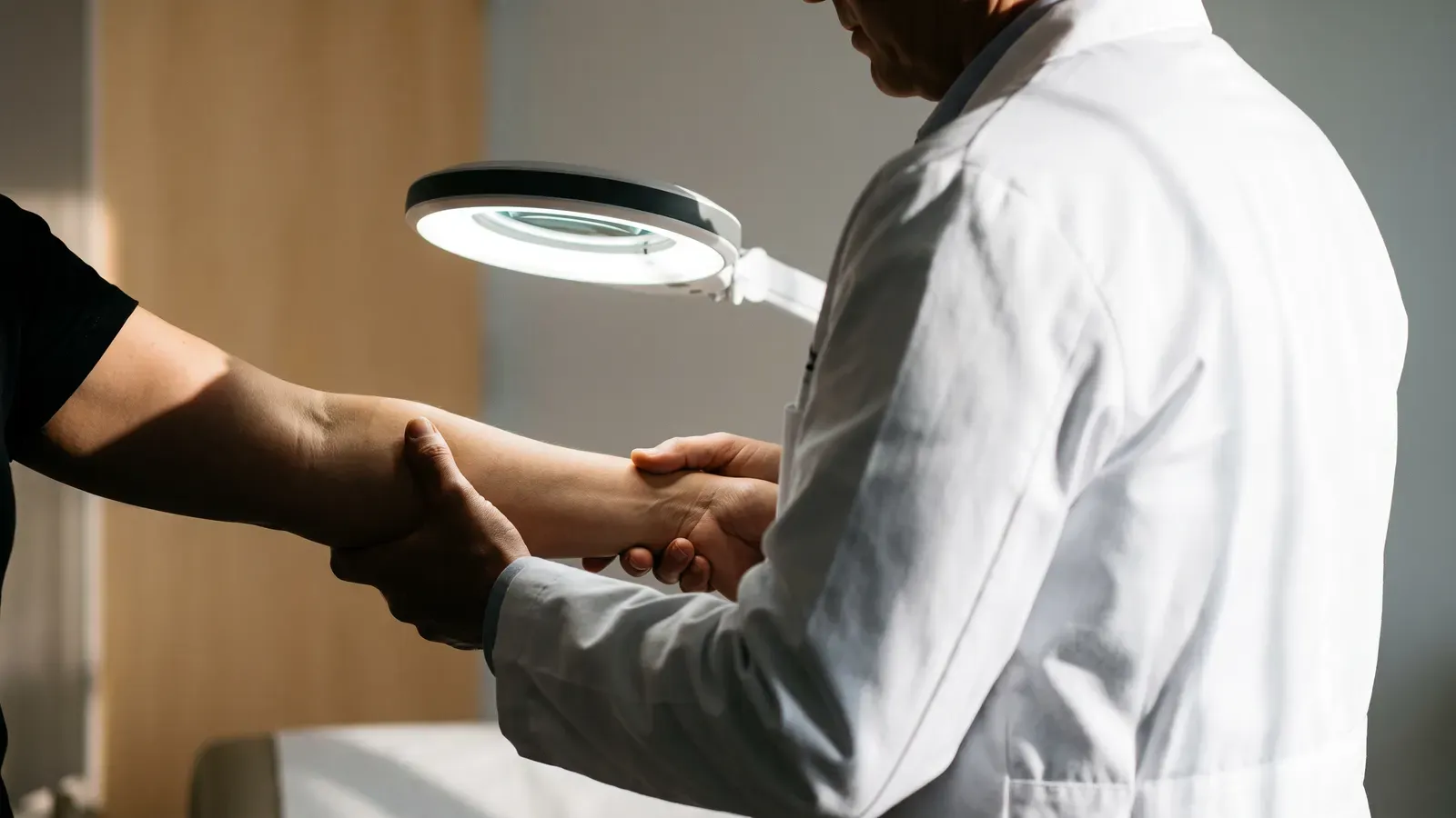Imagem ilustrativa de médico examinando o braço de um paciente sob lupa com iluminação
