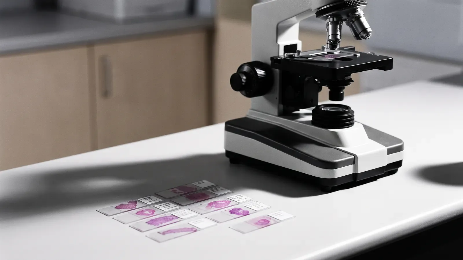 Imagem ilustrativa de lâminas de histopatologia ao lado de um microscópio
